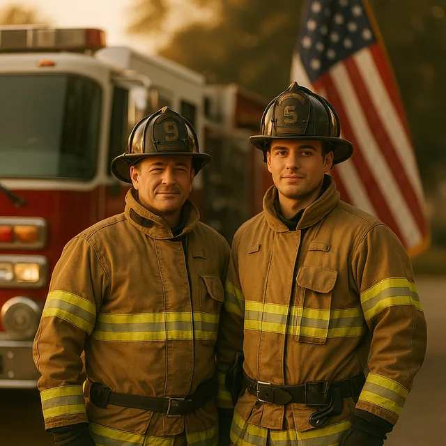 Two firefighters beside their engine
