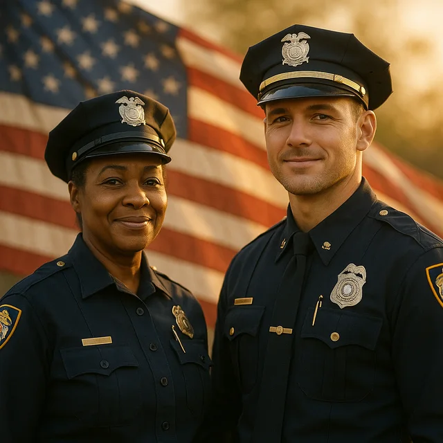 Two police officers before the American flag